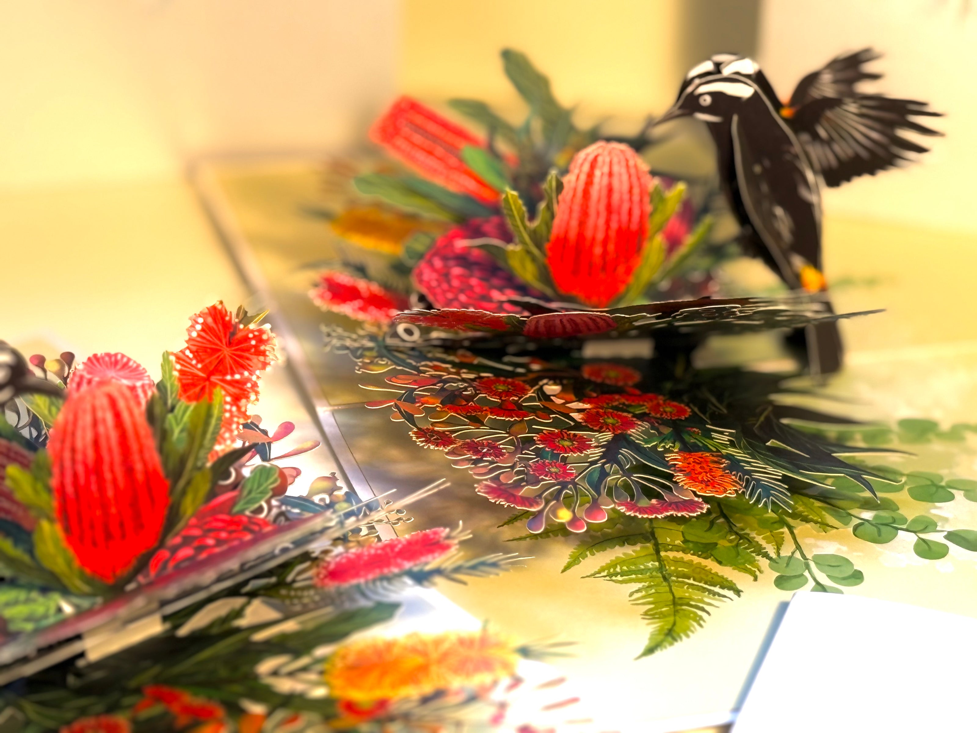 New Holland Honeyeater Attracting Australian Native Flowers - Red Waratah & Bottlebrush Origami Pop Cards 3D Pop Up Greeting Card Celebrate Happy Birthday Thank You Handmade Best Wishes Blank Card for Any Occasion Happy Mother's Day Happy Father's Day