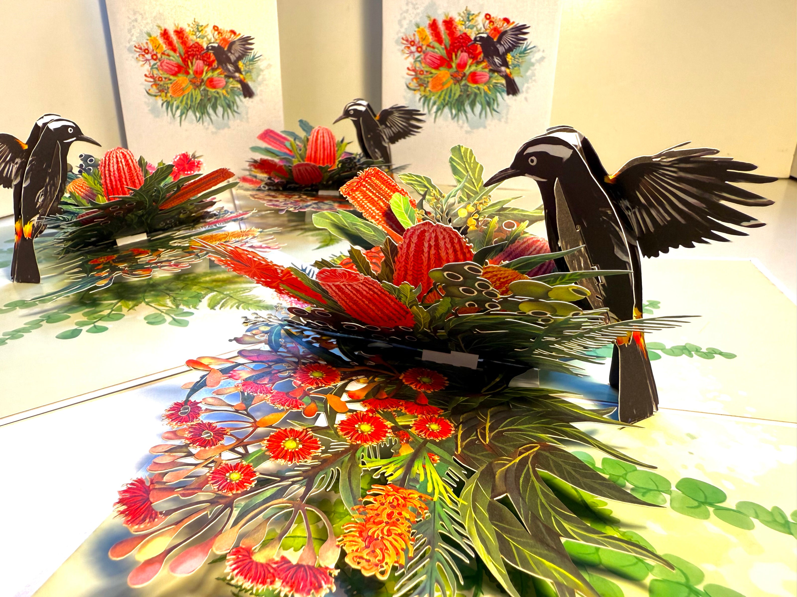 New Holland Honeyeater Attracting Australian Native Flowers - Red Waratah & Bottlebrush Origami Pop Cards 3D Pop Up Greeting Card Celebrate Happy Birthday Thank You Handmade Best Wishes Blank Card for Any Occasion Happy Mother's Day Happy Father's Day