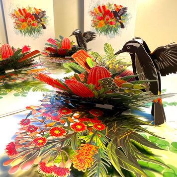 New Holland Honeyeater Attracting Australian Native Flowers - Red Waratah & Bottlebrush Origami Pop Cards 3D Pop Up Greeting Card Celebrate Happy Birthday Thank You Handmade Best Wishes Blank Card for Any Occasion Happy Mother's Day Happy Father's Day