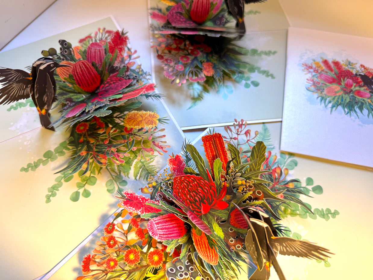 New Holland Honeyeater Attracting Australian Native Flowers - Red Waratah & Bottlebrush Origami Pop Cards 3D Pop Up Greeting Card Celebrate Happy Birthday Thank You Handmade Best Wishes Blank Card for Any Occasion Happy Mother's Day Happy Father's Day