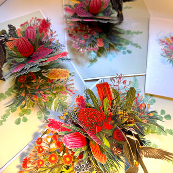 New Holland Honeyeater Attracting Australian Native Flowers - Red Waratah & Bottlebrush Origami Pop Cards 3D Pop Up Greeting Card Celebrate Happy Birthday Thank You Handmade Best Wishes Blank Card for Any Occasion Happy Mother's Day Happy Father's Day