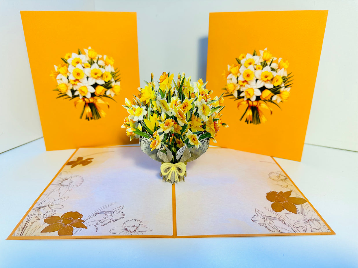 ORANGE Cover - Daffodil Bloom Flower Bouquet Origami Pop Cards 3D Pop Up Greeting Card Happy Birthday Thank You Handmade Gift Thinking of You Blank Card for Any Occasion Happy Mother's Day Happy Father's Australiana Celebrate the Beauty of Flower