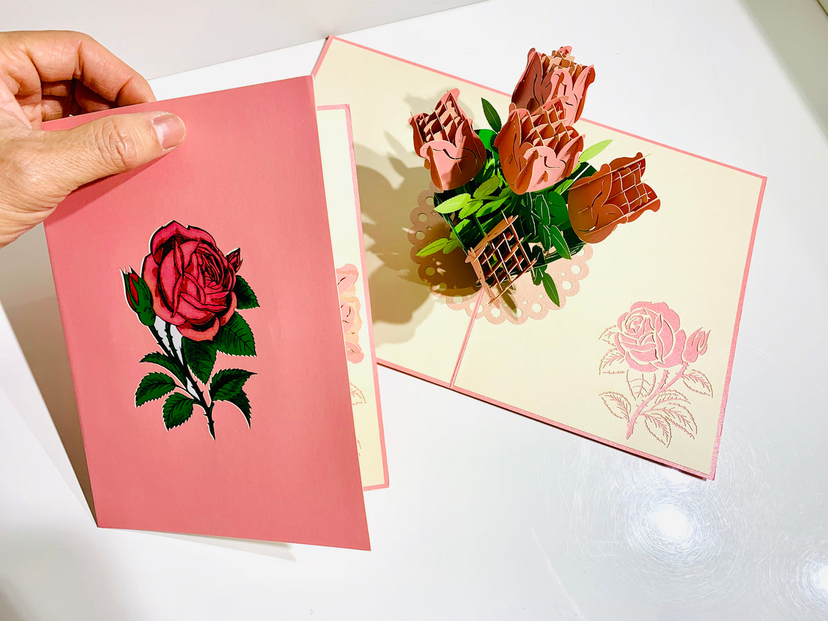Pink Rose Bouquet Pop Up Card - Classic & Chic Collection Origami Pop Cards 3D Pop Up Greeting Card Happy Birthday Thank You Handmade Gift Thinking of You Blank Card for Any Occasion Happy Mother's Day Australiana Celebrate the Beauty