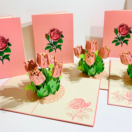 Pink Rose Bouquet Pop Up Card - Classic & Chic Collection Origami Pop Cards 3D Pop Up Greeting Card Happy Birthday Thank You Handmade Gift Thinking of You Blank Card for Any Occasion Happy Mother's Day Australiana Celebrate the Beauty
