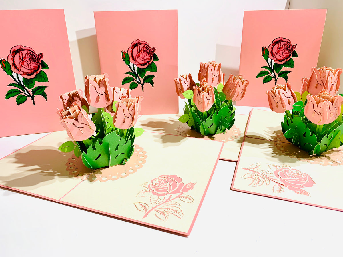 Pink Rose Bouquet Pop Up Card - Classic & Chic Collection Origami Pop Cards 3D Pop Up Greeting Card Happy Birthday Thank You Handmade Gift Thinking of You Blank Card for Any Occasion Happy Mother's Day Australiana Celebrate the Beauty