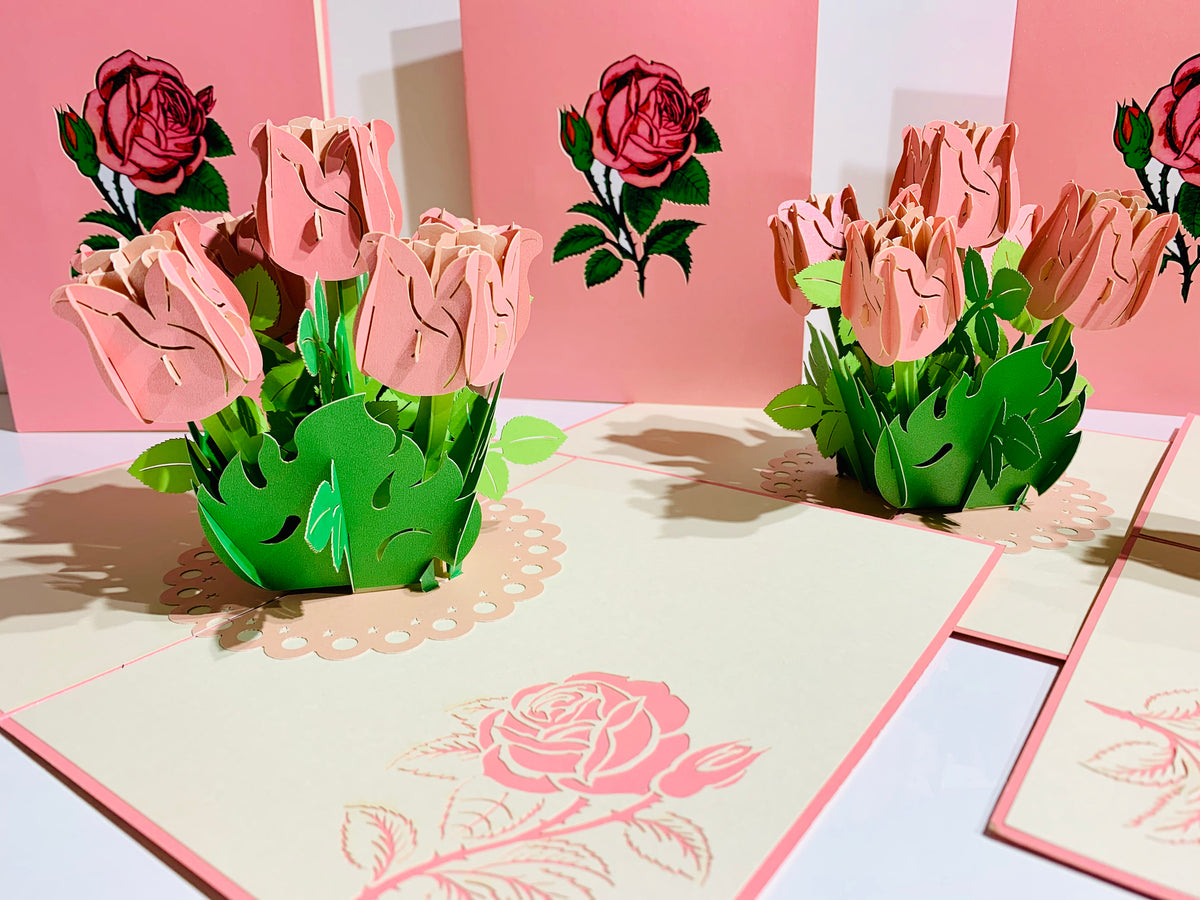 Pink Rose Bouquet Pop Up Card - Classic & Chic Collection Origami Pop Cards 3D Pop Up Greeting Card Happy Birthday Thank You Handmade Gift Thinking of You Blank Card for Any Occasion Happy Mother's Day Australiana Celebrate the Beauty