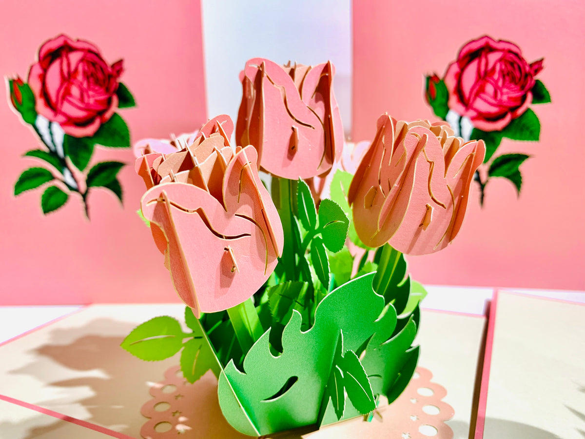 Pink Rose Bouquet Pop Up Card - Classic & Chic Collection Origami Pop Cards 3D Pop Up Greeting Card Happy Birthday Thank You Handmade Gift Thinking of You Blank Card for Any Occasion Happy Mother's Day Australiana Celebrate the Beauty