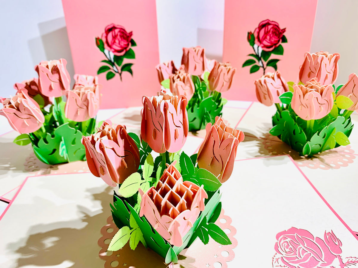 Pink Rose Bouquet Pop Up Card - Classic & Chic Collection Origami Pop Cards 3D Pop Up Greeting Card Happy Birthday Thank You Handmade Gift Thinking of You Blank Card for Any Occasion Happy Mother's Day Australiana Celebrate the Beauty