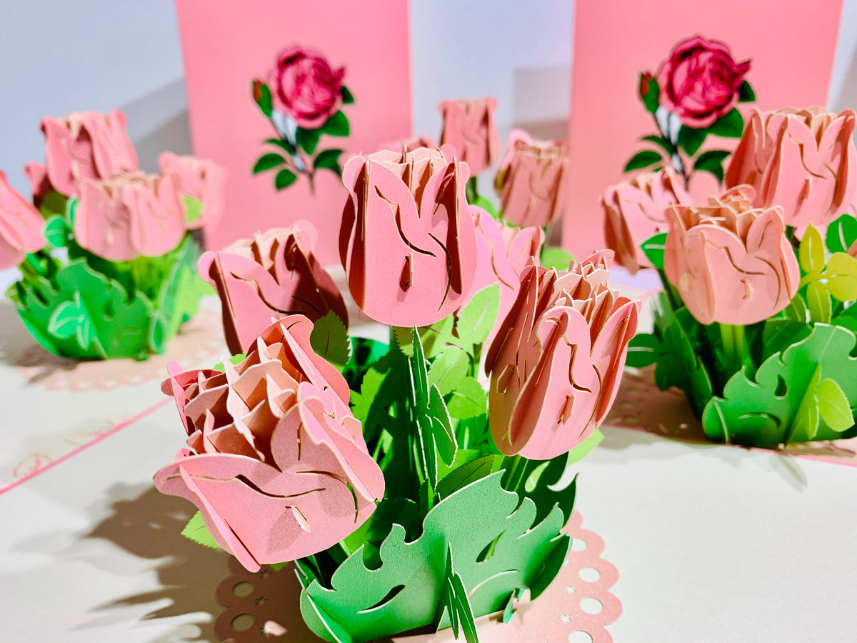 Pink Rose Bouquet Pop Up Card - Classic & Chic Collection Origami Pop Cards 3D Pop Up Greeting Card Happy Birthday Thank You Handmade Gift Thinking of You Blank Card for Any Occasion Happy Mother's Day Australiana Celebrate the Beauty