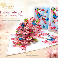 Pink Cherry Blossom Garden with Blue Butterflies Origami Pop Cards 3D Pop Up Greeting Card Best Wishes Happy Birthday Gift Thank You Handmade Best Wishes Blank Card for Any Occasion Happy Mother's Day Happy Father's Day Celebrate The Beauty of Flower