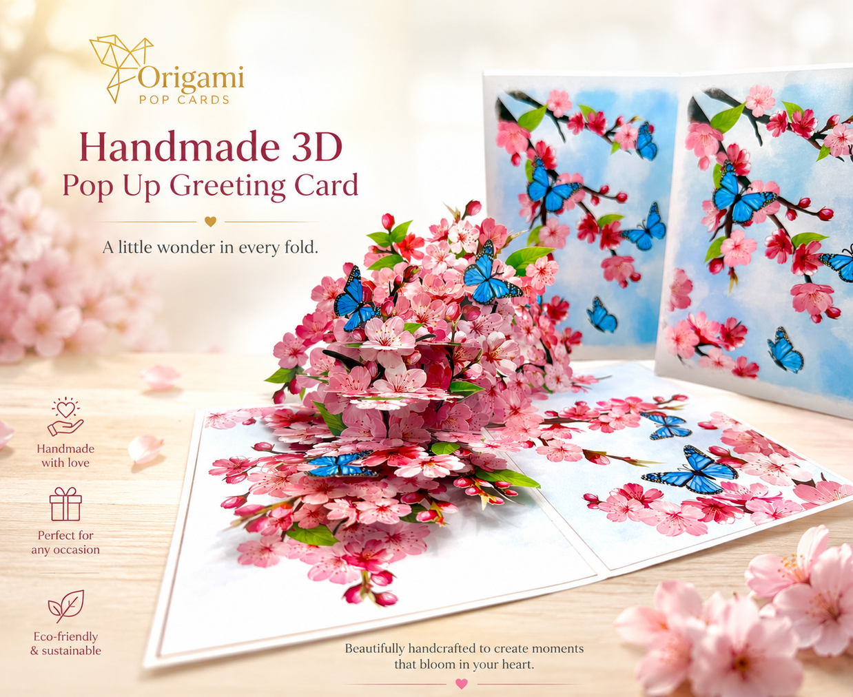 Pink Cherry Blossom Garden with Blue Butterflies Origami Pop Cards 3D Pop Up Greeting Card Best Wishes Happy Birthday Gift Thank You Handmade Best Wishes Blank Card for Any Occasion Happy Mother's Day Happy Father's Day Celebrate The Beauty of Flower