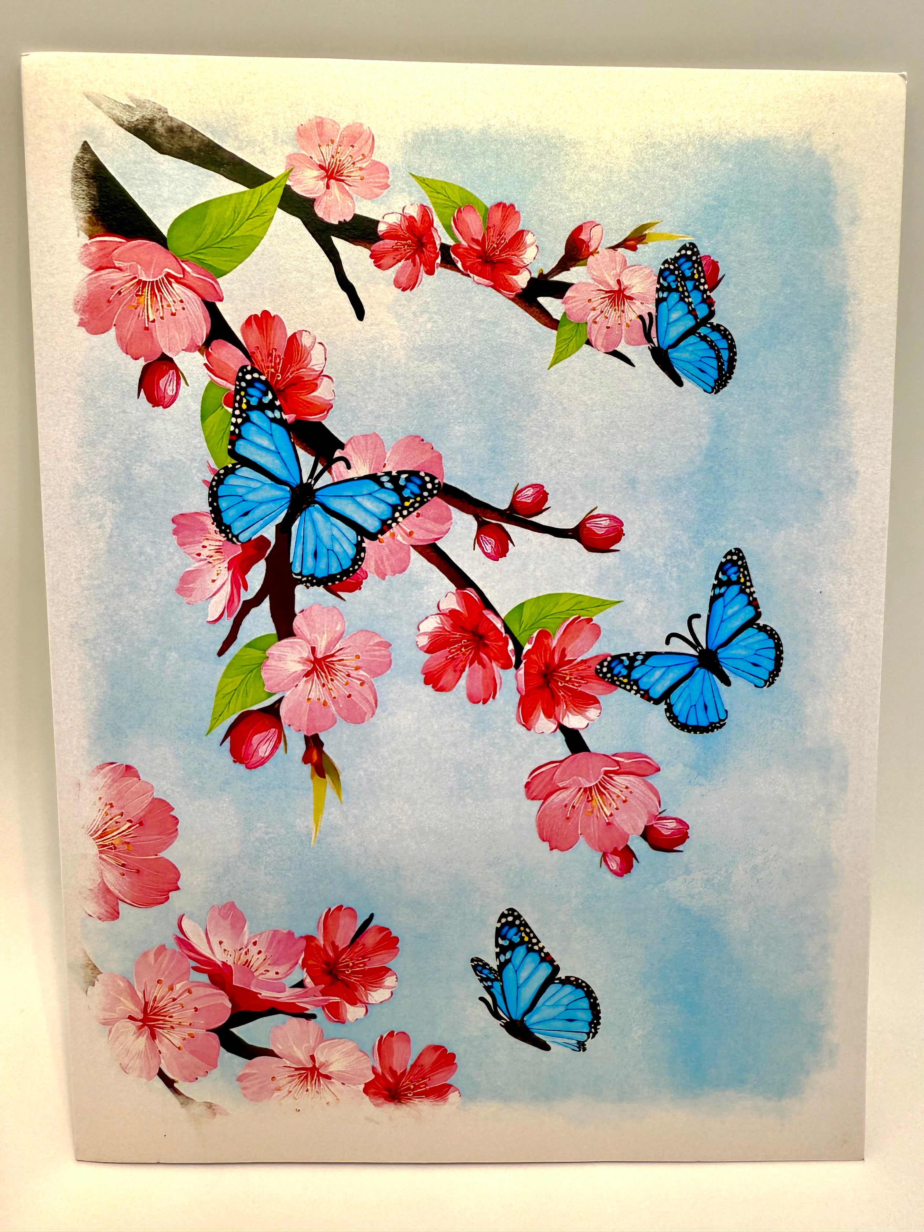 Pink Cherry Blossom Garden with Blue Butterflies Origami Pop Cards 3D Pop Up Greeting Card Best Wishes Happy Birthday Gift Thank You Handmade Best Wishes Blank Card for Any Occasion Happy Mother's Day Happy Father's Day Celebrate The Beauty of Flower