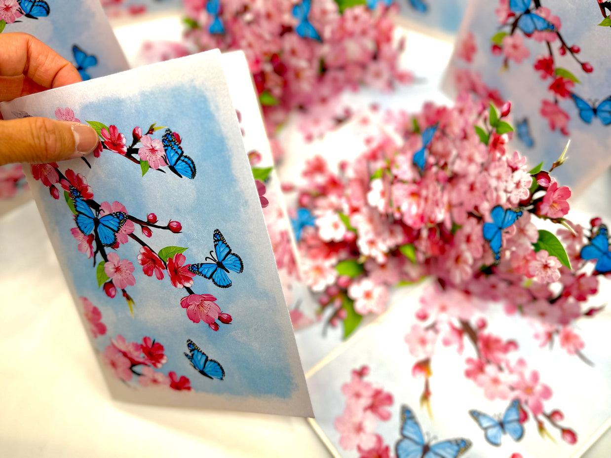 Pink Cherry Blossom Garden with Blue Butterflies Origami Pop Cards 3D Pop Up Greeting Card Best Wishes Happy Birthday Gift Thank You Handmade Best Wishes Blank Card for Any Occasion Happy Mother's Day Happy Father's Day Celebrate The Beauty of Flower