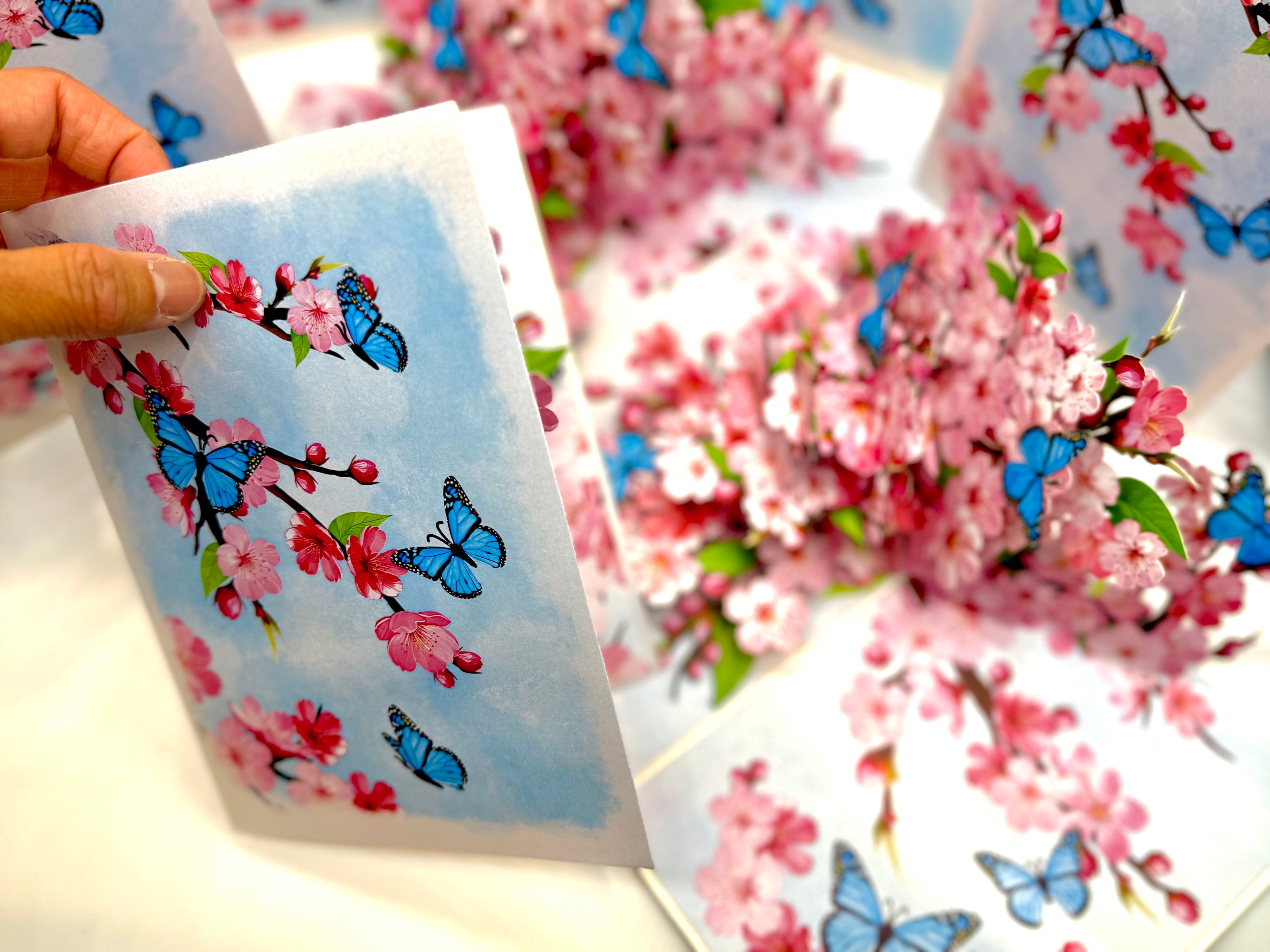 Pink Cherry Blossom Garden with Blue Butterflies Origami Pop Cards 3D Pop Up Greeting Card Best Wishes Happy Birthday Gift Thank You Handmade Best Wishes Blank Card for Any Occasion Happy Mother's Day Happy Father's Day Celebrate The Beauty of Flower