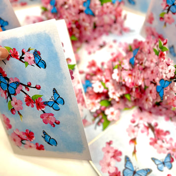 Pink Cherry Blossom Garden with Blue Butterflies Origami Pop Cards 3D Pop Up Greeting Card Best Wishes Happy Birthday Gift Thank You Handmade Best Wishes Blank Card for Any Occasion Happy Mother's Day Happy Father's Day Celebrate The Beauty of Flower