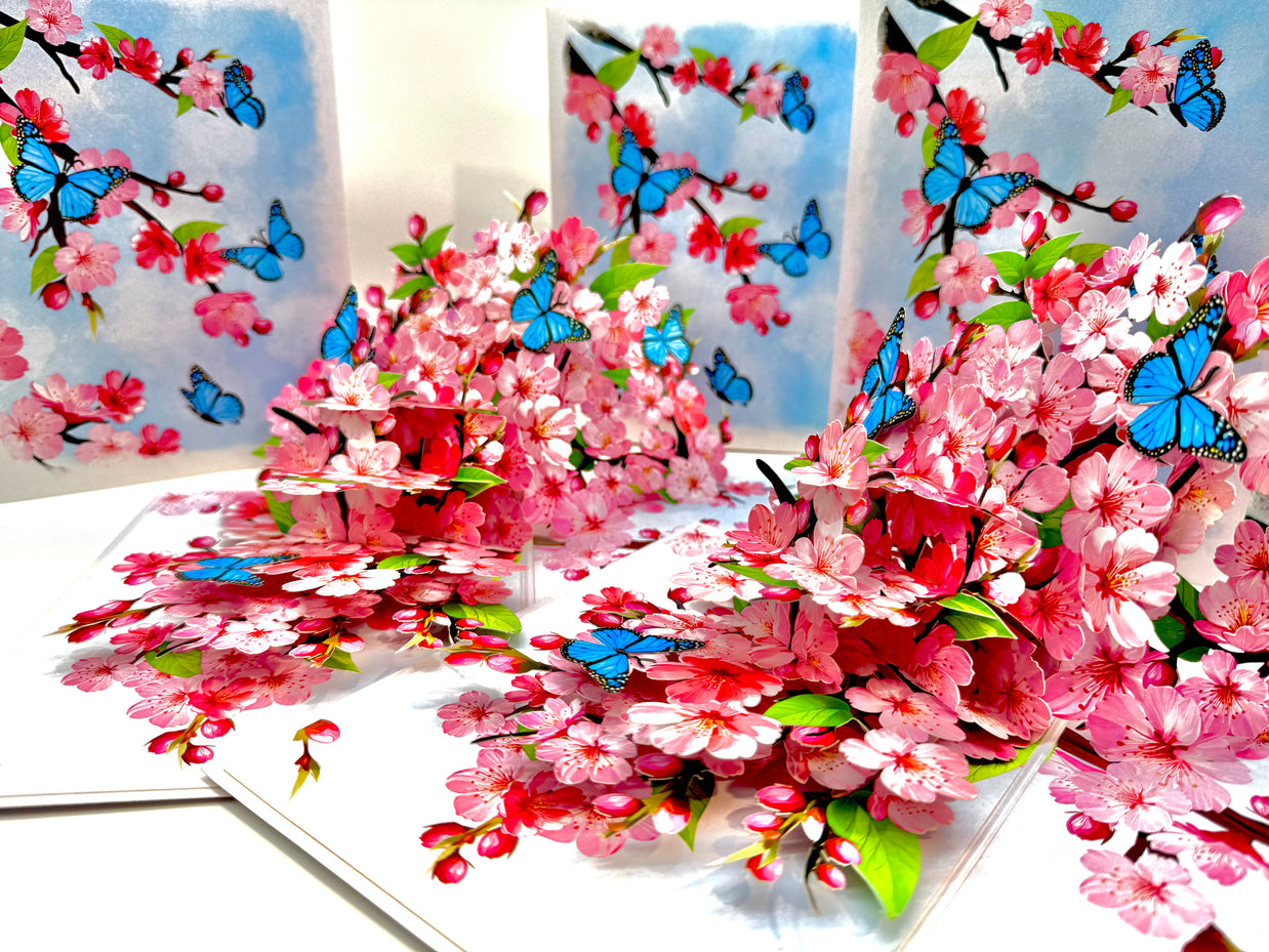 Pink Cherry Blossom Garden with Blue Butterflies Origami Pop Cards 3D Pop Up Greeting Card Best Wishes Happy Birthday Gift Thank You Handmade Best Wishes Blank Card for Any Occasion Happy Mother's Day Happy Father's Day Celebrate The Beauty of Flower