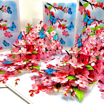 Pink Cherry Blossom Garden with Blue Butterflies Origami Pop Cards 3D Pop Up Greeting Card Best Wishes Happy Birthday Gift Thank You Handmade Best Wishes Blank Card for Any Occasion Happy Mother's Day Happy Father's Day Celebrate The Beauty of Flower