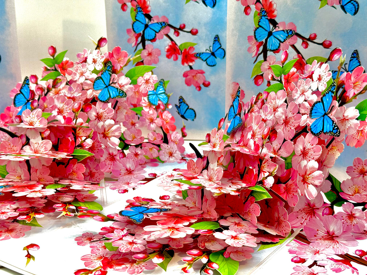 Pink Cherry Blossom Garden with Blue Butterflies Origami Pop Cards 3D Pop Up Greeting Card Best Wishes Happy Birthday Gift Thank You Handmade Best Wishes Blank Card for Any Occasion Happy Mother's Day Happy Father's Day Celebrate The Beauty of Flower