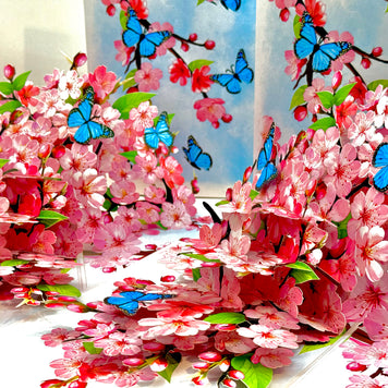 Pink Cherry Blossom Garden with Blue Butterflies Origami Pop Cards 3D Pop Up Greeting Card Best Wishes Happy Birthday Gift Thank You Handmade Best Wishes Blank Card for Any Occasion Happy Mother's Day Happy Father's Day Celebrate The Beauty of Flower