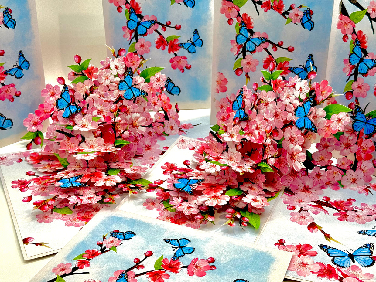 Pink Cherry Blossom Garden with Blue Butterflies Origami Pop Cards 3D Pop Up Greeting Card Best Wishes Happy Birthday Gift Thank You Handmade Best Wishes Blank Card for Any Occasion Happy Mother's Day Happy Father's Day Celebrate The Beauty of Flower