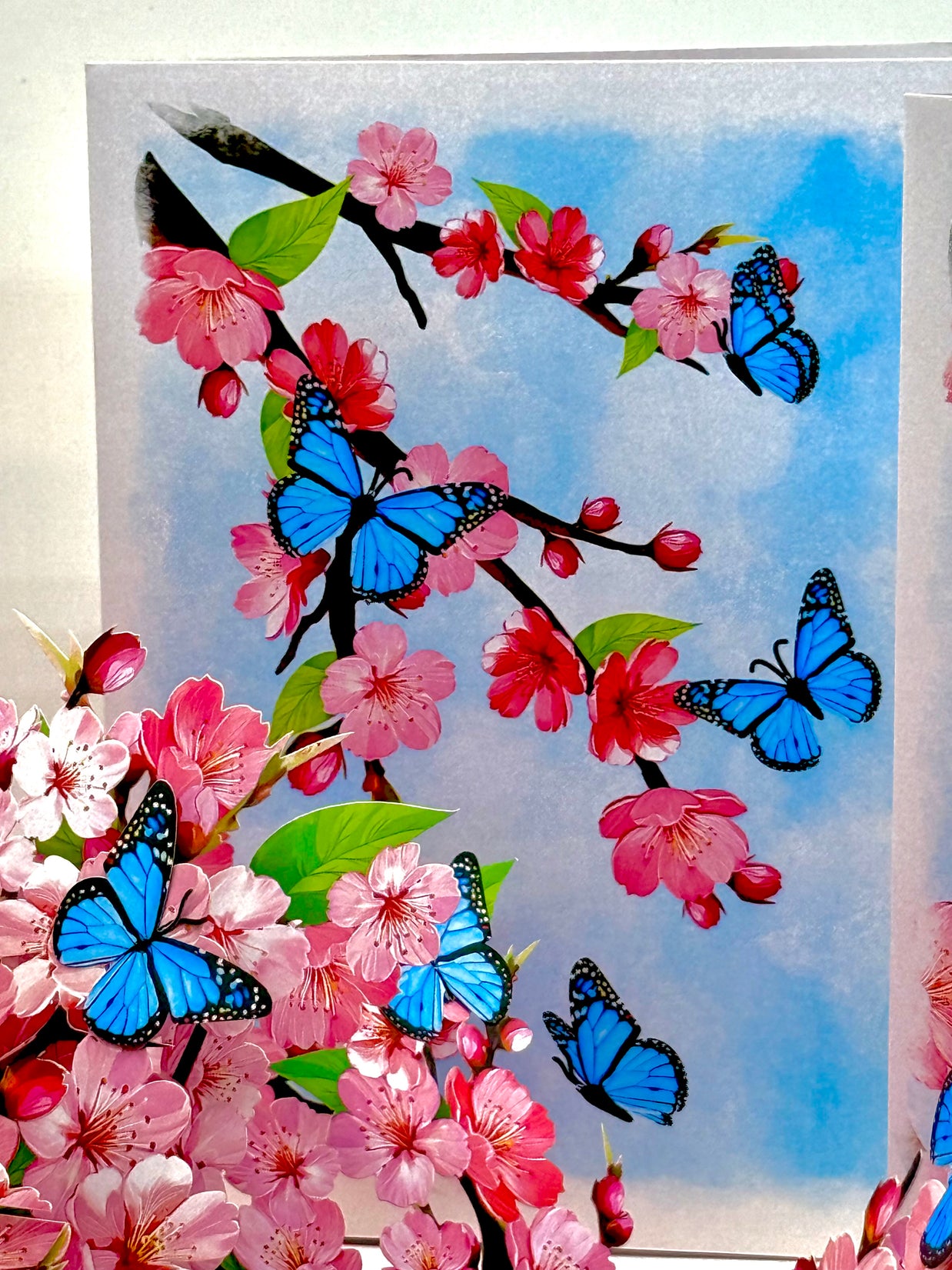 Pink Cherry Blossom Garden with Blue Butterflies Origami Pop Cards 3D Pop Up Greeting Card Best Wishes Happy Birthday Gift Thank You Handmade Best Wishes Blank Card for Any Occasion Happy Mother's Day Happy Father's Day Celebrate The Beauty of Flower