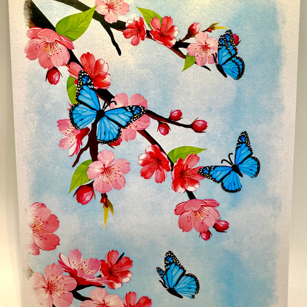 Pink Cherry Blossom Garden with Blue Butterflies Origami Pop Cards 3D Pop Up Greeting Card Best Wishes Happy Birthday Gift Thank You Handmade Best Wishes Blank Card for Any Occasion Happy Mother's Day Happy Father's Day Celebrate The Beauty of Flower