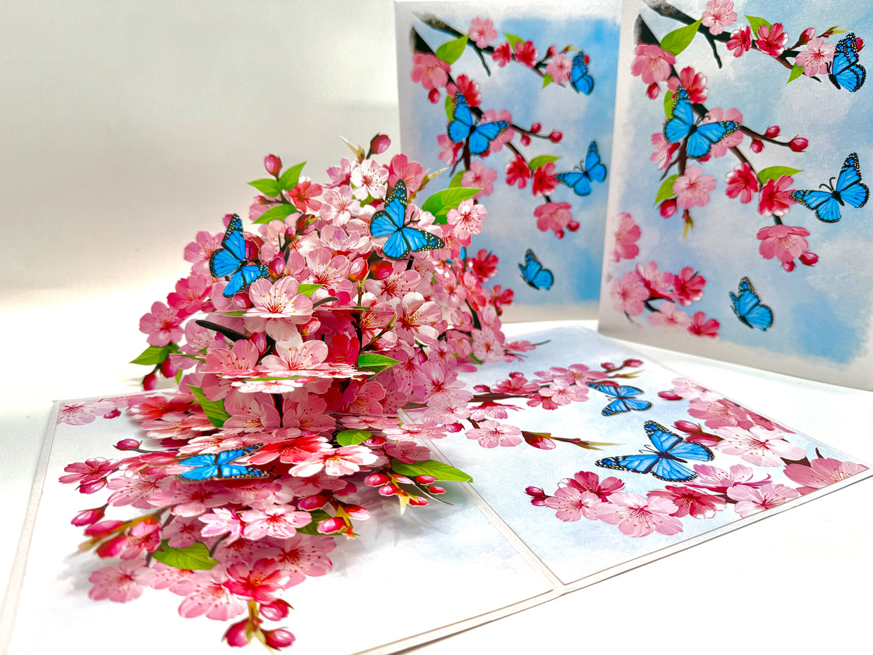 Pink Cherry Blossom Garden with Blue Butterflies Origami Pop Cards 3D Pop Up Greeting Card Best Wishes Happy Birthday Gift Thank You Handmade Best Wishes Blank Card for Any Occasion Happy Mother's Day Happy Father's Day Celebrate The Beauty of Flower