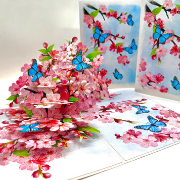 Pink Cherry Blossom Garden with Blue Butterflies Origami Pop Cards 3D Pop Up Greeting Card Best Wishes Happy Birthday Gift Thank You Handmade Best Wishes Blank Card for Any Occasion Happy Mother's Day Happy Father's Day Celebrate The Beauty of Flower