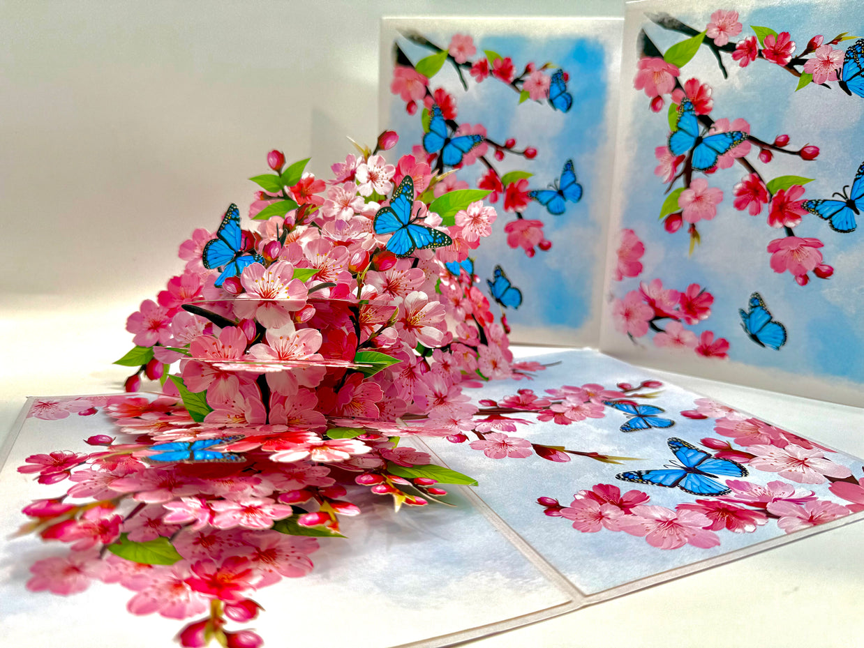 Pink Cherry Blossom Garden with Blue Butterflies Origami Pop Cards 3D Pop Up Greeting Card Best Wishes Happy Birthday Gift Thank You Handmade Best Wishes Blank Card for Any Occasion Happy Mother's Day Happy Father's Day Celebrate The Beauty of Flower