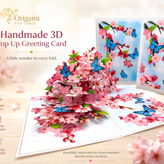 Pink Cherry Blossom Garden with Blue Butterflies Origami Pop Cards 3D Pop Up Greeting Card Best Wishes Happy Birthday Gift Thank You Handmade Best Wishes Blank Card for Any Occasion Happy Mother's Day Happy Father's Day Celebrate The Beauty of Flower