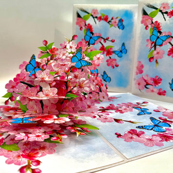 Pink Cherry Blossom Garden with Blue Butterflies Origami Pop Cards 3D Pop Up Greeting Card Best Wishes Happy Birthday Gift Thank You Handmade Best Wishes Blank Card for Any Occasion Happy Mother's Day Happy Father's Day Celebrate The Beauty of Flower