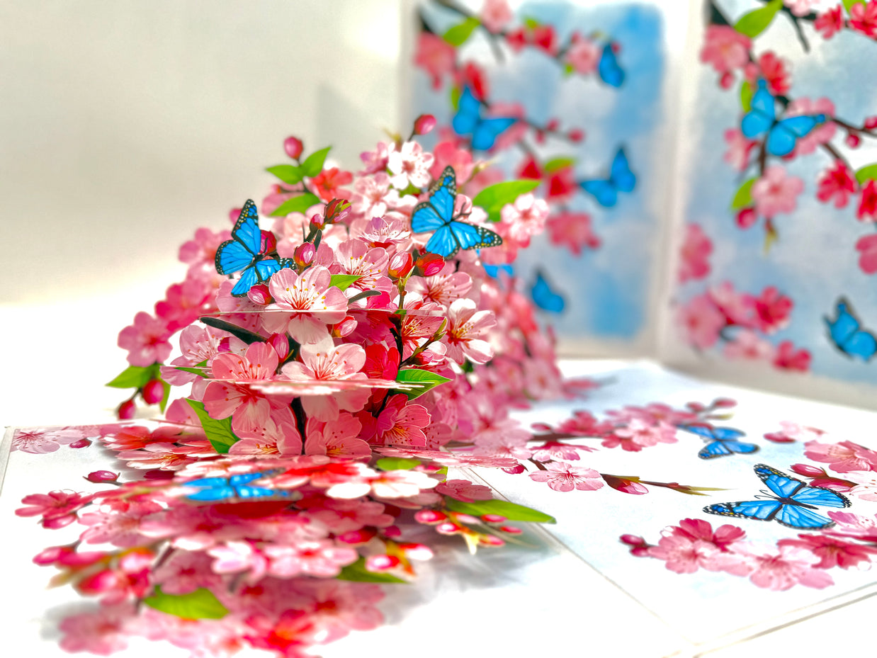 Pink Cherry Blossom Garden with Blue Butterflies Origami Pop Cards 3D Pop Up Greeting Card Best Wishes Happy Birthday Gift Thank You Handmade Best Wishes Blank Card for Any Occasion Happy Mother's Day Happy Father's Day Celebrate The Beauty of Flower