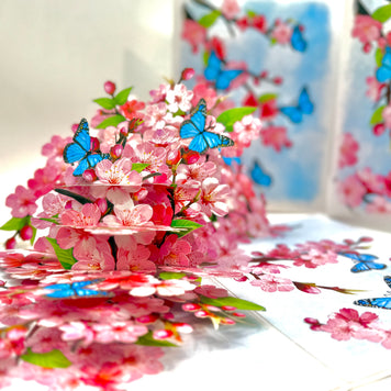 Pink Cherry Blossom Garden with Blue Butterflies Origami Pop Cards 3D Pop Up Greeting Card Best Wishes Happy Birthday Gift Thank You Handmade Best Wishes Blank Card for Any Occasion Happy Mother's Day Happy Father's Day Celebrate The Beauty of Flower
