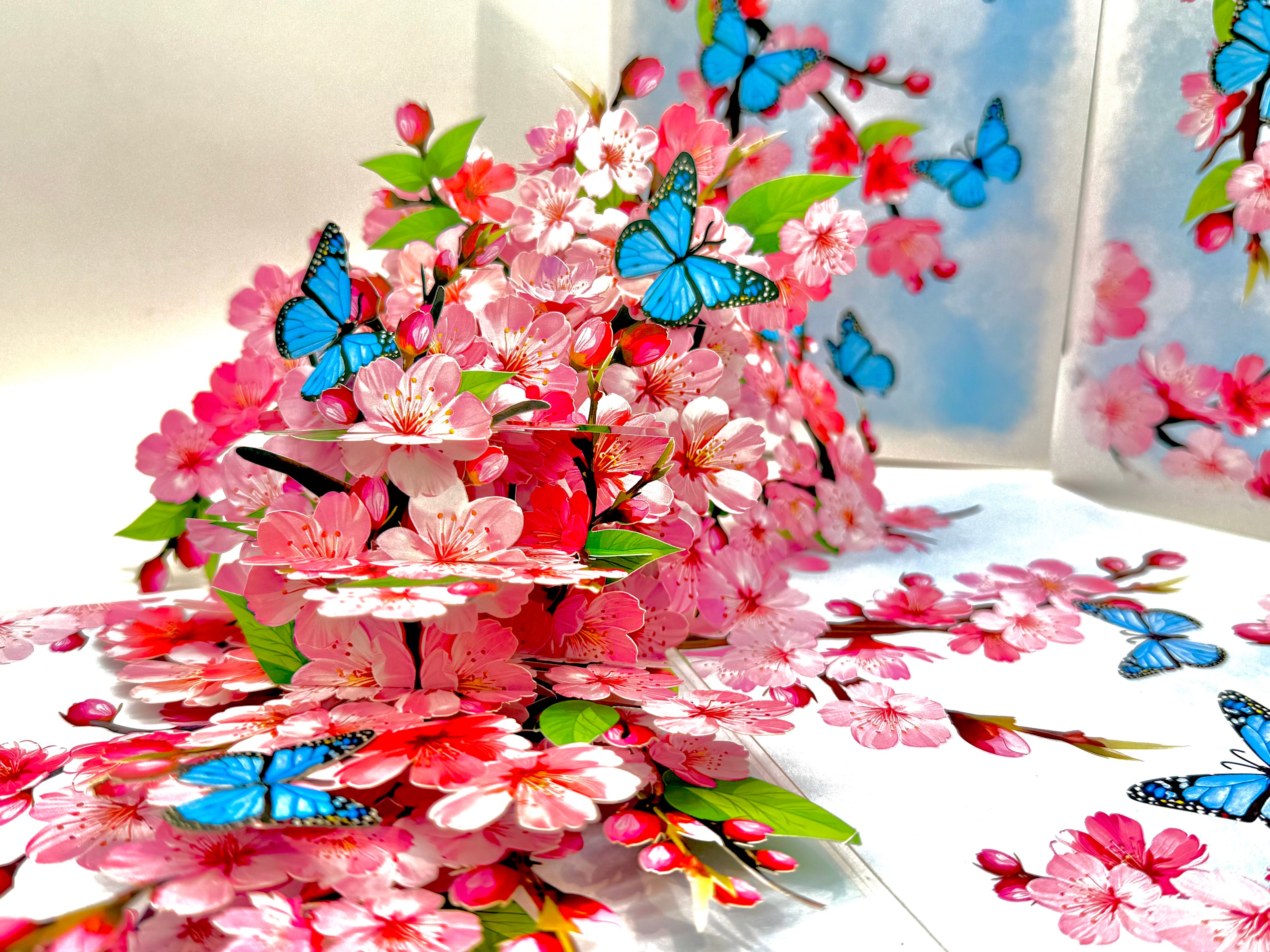 Pink Cherry Blossom Garden with Blue Butterflies Origami Pop Cards 3D Pop Up Greeting Card Best Wishes Happy Birthday Gift Thank You Handmade Best Wishes Blank Card for Any Occasion Happy Mother's Day Happy Father's Day Celebrate The Beauty of Flower