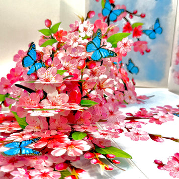 Pink Cherry Blossom Garden with Blue Butterflies Origami Pop Cards 3D Pop Up Greeting Card Best Wishes Happy Birthday Gift Thank You Handmade Best Wishes Blank Card for Any Occasion Happy Mother's Day Happy Father's Day Celebrate The Beauty of Flower
