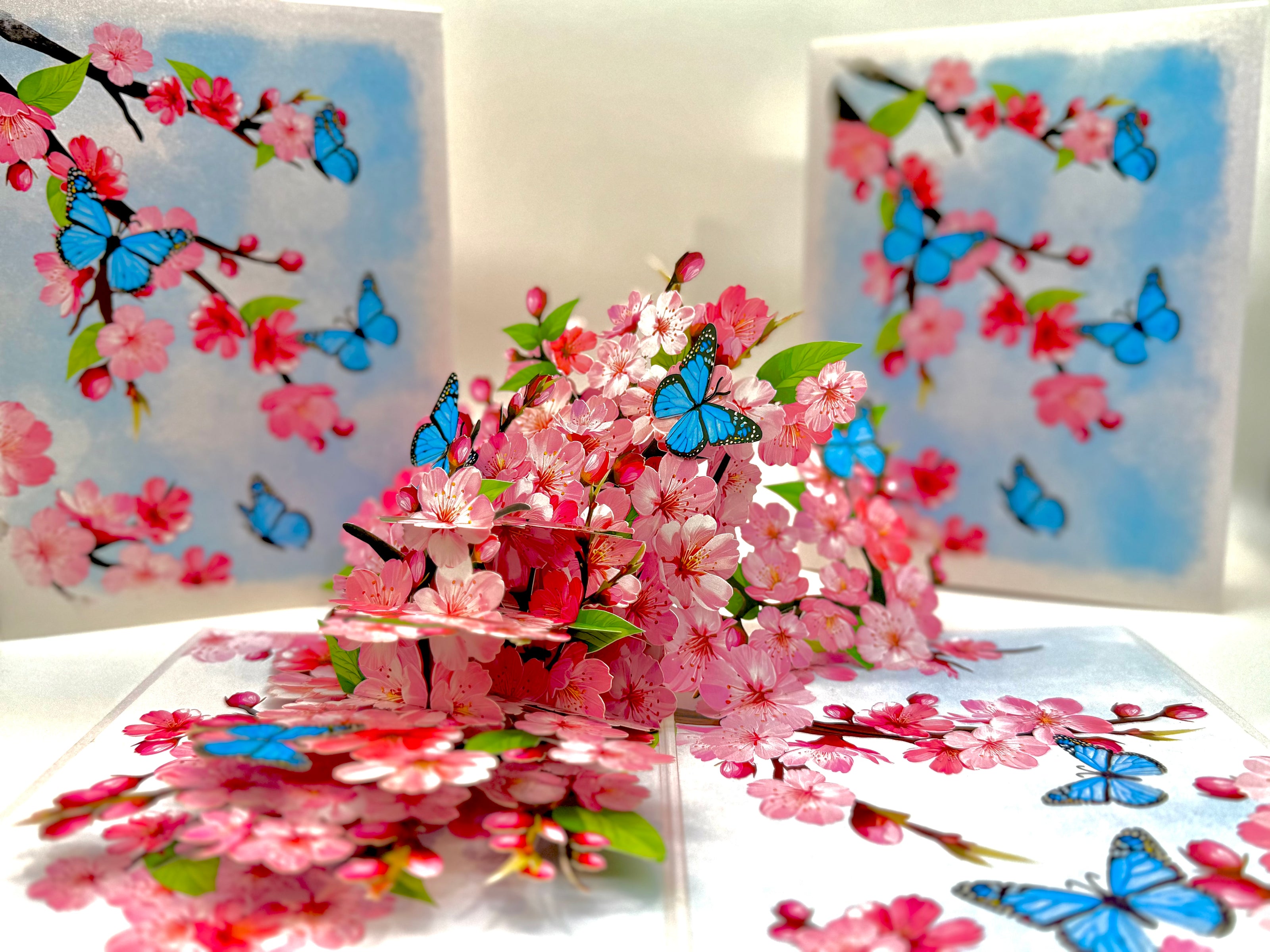Pink Cherry Blossom Garden with Blue Butterflies Origami Pop Cards 3D Pop Up Greeting Card Best Wishes Happy Birthday Gift Thank You Handmade Best Wishes Blank Card for Any Occasion Happy Mother's Day Happy Father's Day Celebrate The Beauty of Flower