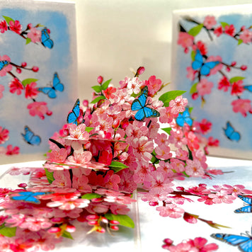 Pink Cherry Blossom Garden with Blue Butterflies Origami Pop Cards 3D Pop Up Greeting Card Best Wishes Happy Birthday Gift Thank You Handmade Best Wishes Blank Card for Any Occasion Happy Mother's Day Happy Father's Day Celebrate The Beauty of Flower