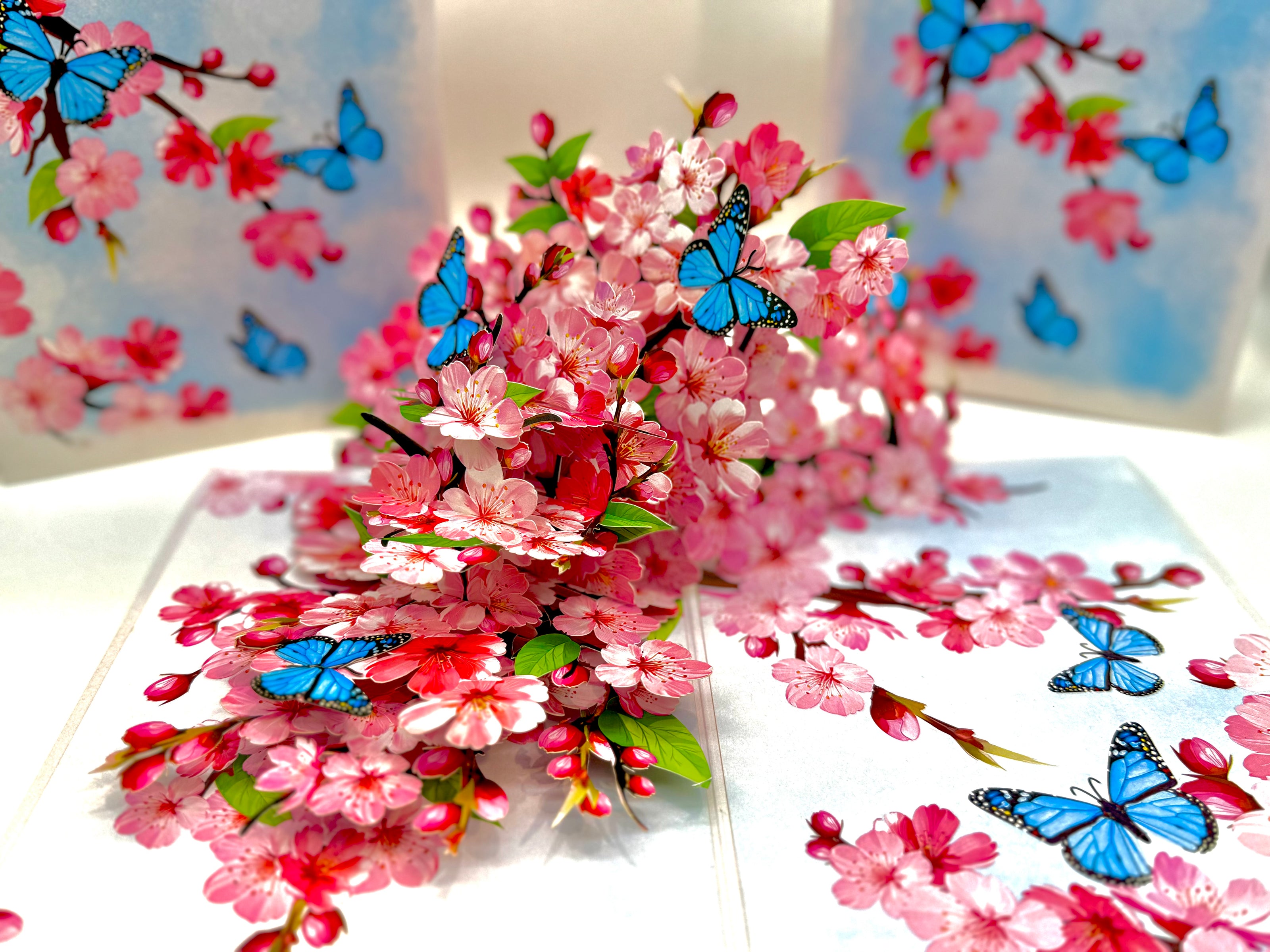Pink Cherry Blossom Garden with Blue Butterflies Origami Pop Cards 3D Pop Up Greeting Card Best Wishes Happy Birthday Gift Thank You Handmade Best Wishes Blank Card for Any Occasion Happy Mother's Day Happy Father's Day Celebrate The Beauty of Flower