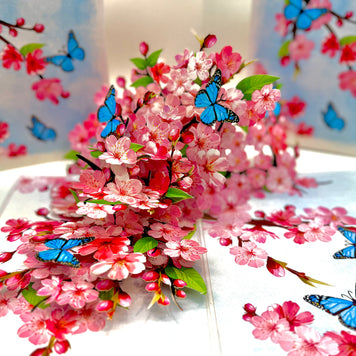 Pink Cherry Blossom Garden with Blue Butterflies Origami Pop Cards 3D Pop Up Greeting Card Best Wishes Happy Birthday Gift Thank You Handmade Best Wishes Blank Card for Any Occasion Happy Mother's Day Happy Father's Day Celebrate The Beauty of Flower