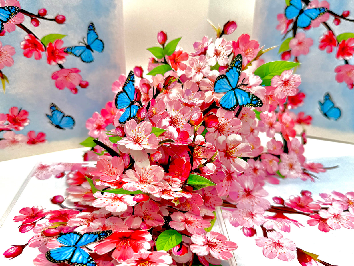 Pink Cherry Blossom Garden with Blue Butterflies Origami Pop Cards 3D Pop Up Greeting Card Best Wishes Happy Birthday Gift Thank You Handmade Best Wishes Blank Card for Any Occasion Happy Mother's Day Happy Father's Day Celebrate The Beauty of Flower