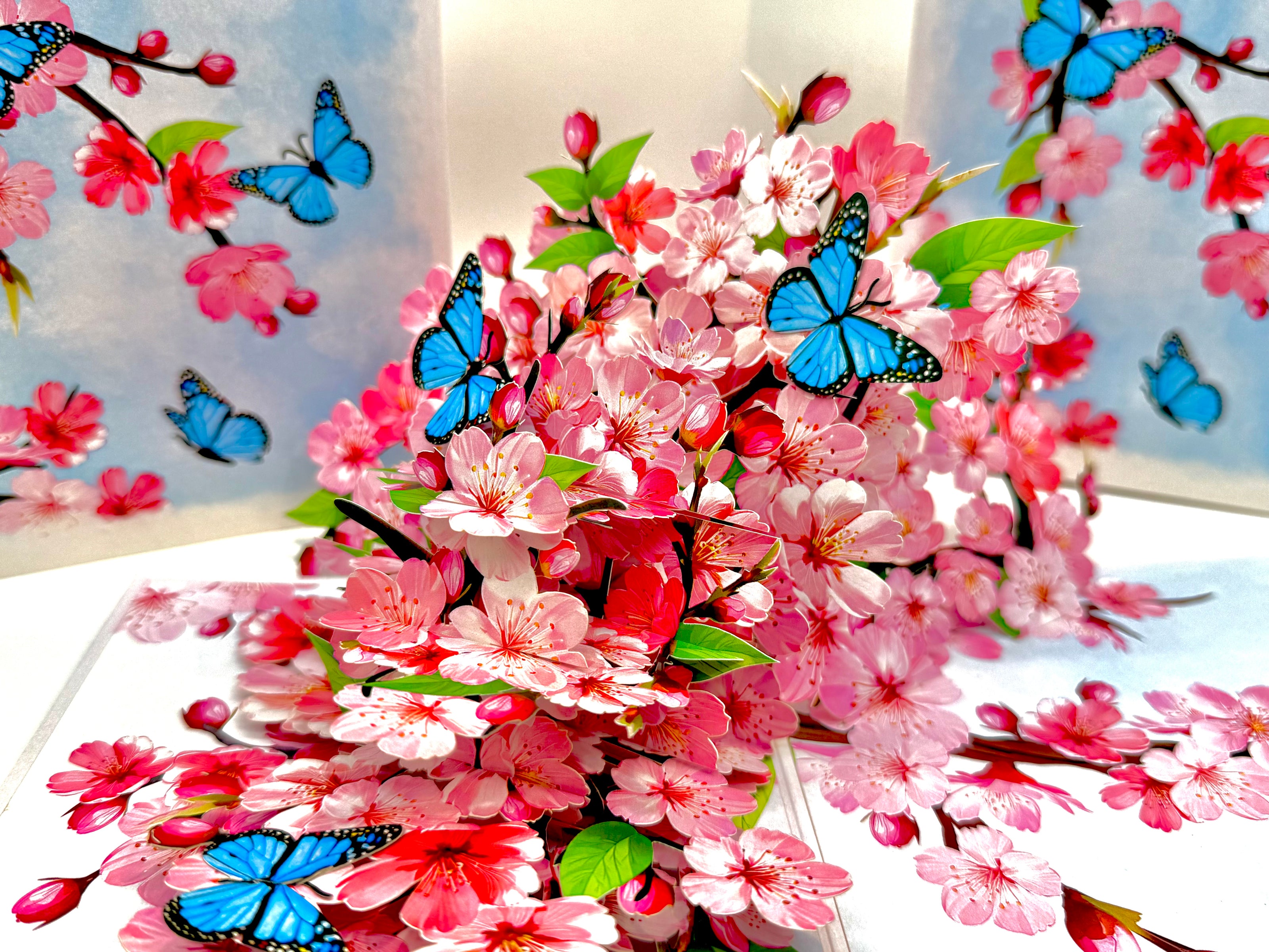 Pink Cherry Blossom Garden with Blue Butterflies Origami Pop Cards 3D Pop Up Greeting Card Best Wishes Happy Birthday Gift Thank You Handmade Best Wishes Blank Card for Any Occasion Happy Mother's Day Happy Father's Day Celebrate The Beauty of Flower
