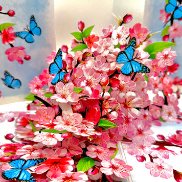 Pink Cherry Blossom Garden with Blue Butterflies Origami Pop Cards 3D Pop Up Greeting Card Best Wishes Happy Birthday Gift Thank You Handmade Best Wishes Blank Card for Any Occasion Happy Mother's Day Happy Father's Day Celebrate The Beauty of Flower