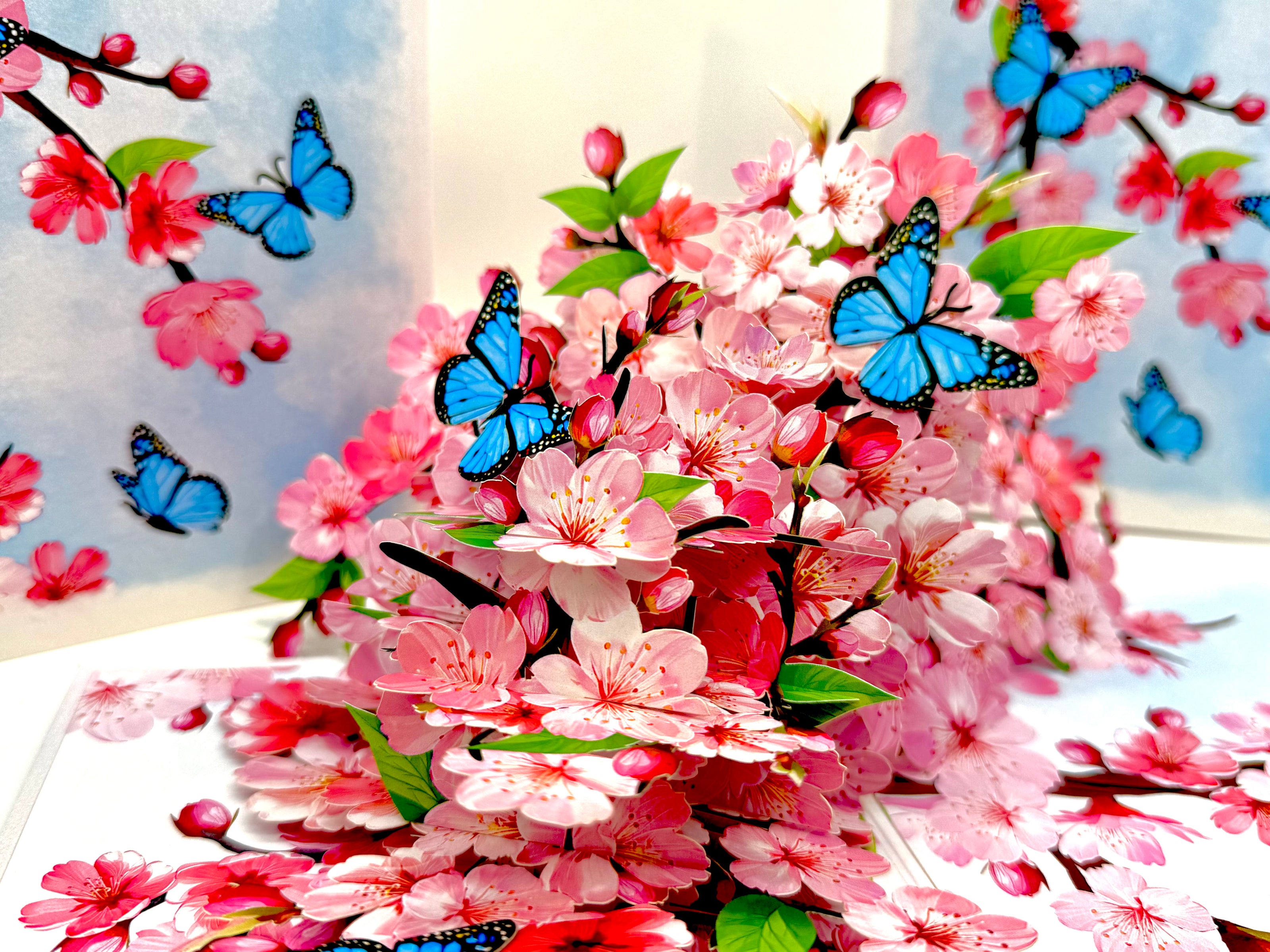 Pink Cherry Blossom Garden with Blue Butterflies Origami Pop Cards 3D Pop Up Greeting Card Best Wishes Happy Birthday Gift Thank You Handmade Best Wishes Blank Card for Any Occasion Happy Mother's Day Happy Father's Day Celebrate The Beauty of Flower