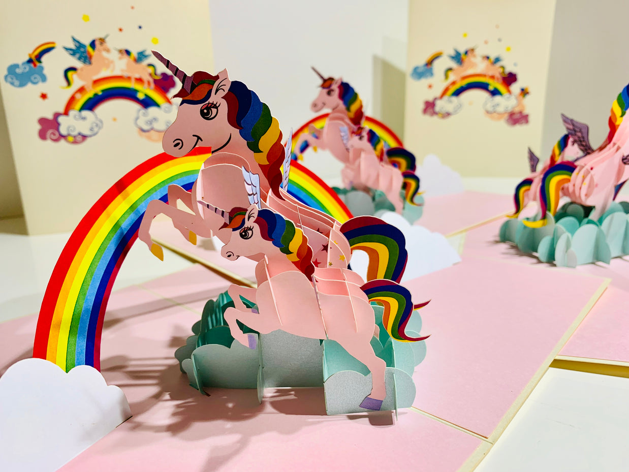 Pink Mother & Baby Unicorn Dancing over the Cloud Origami Pop Cards 3D Pop Up Greeting Card Happy Birthday Thank You Handmade Gift Thinking of You Blank Card for Any Occasion Happy Mother's Day Australiana Celebrate the Beauty of Animals Perfect Gift