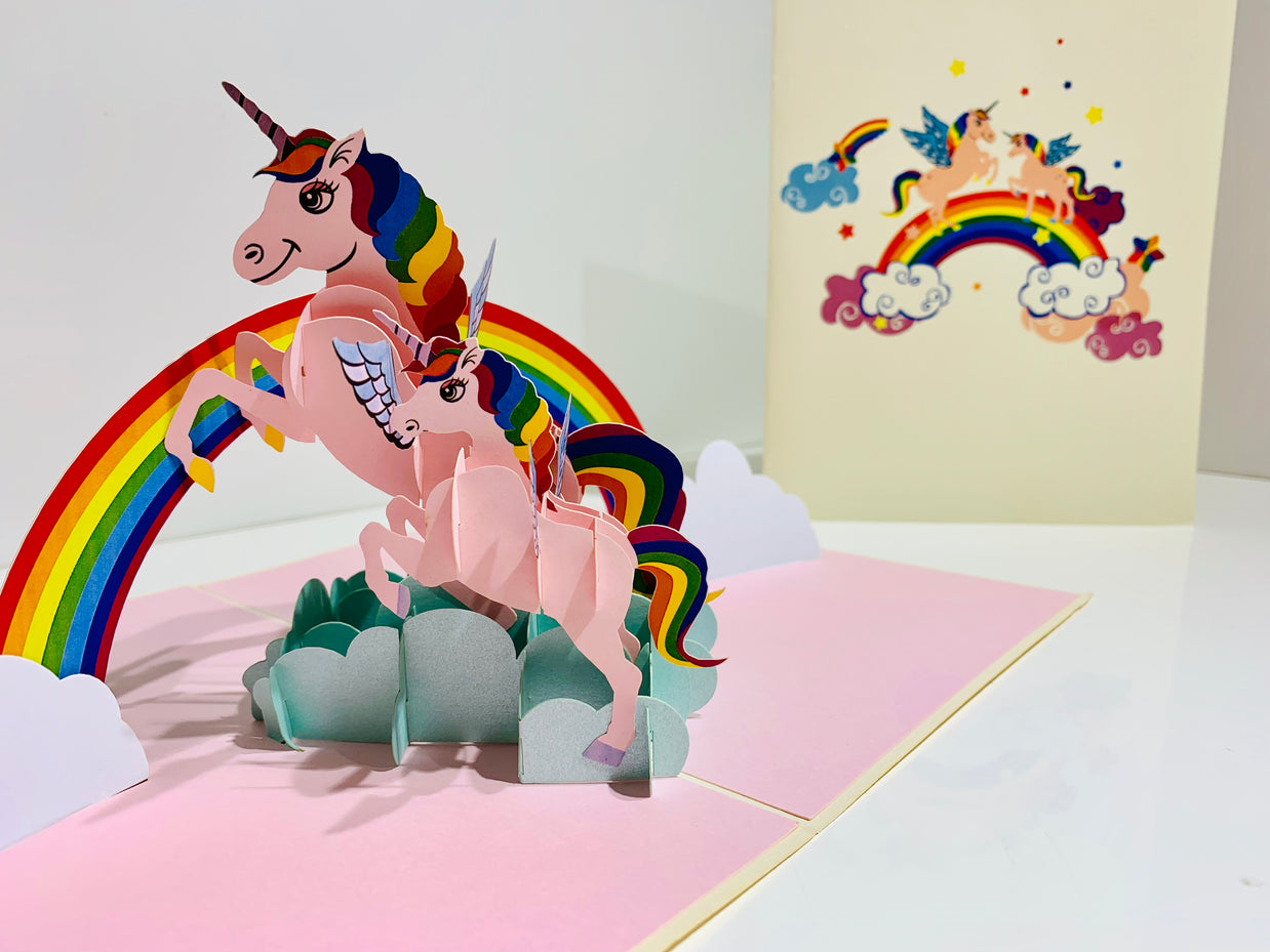 Pink Mother & Baby Unicorn Dancing over the Cloud Origami Pop Cards 3D Pop Up Greeting Card Happy Birthday Thank You Handmade Gift Thinking of You Blank Card for Any Occasion Happy Mother's Day Australiana Celebrate the Beauty of Animals Perfect Gift