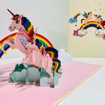 Pink Mother & Baby Unicorn Dancing over the Cloud Origami Pop Cards 3D Pop Up Greeting Card Happy Birthday Thank You Handmade Gift Thinking of You Blank Card for Any Occasion Happy Mother's Day Australiana Celebrate the Beauty of Animals Perfect Gift
