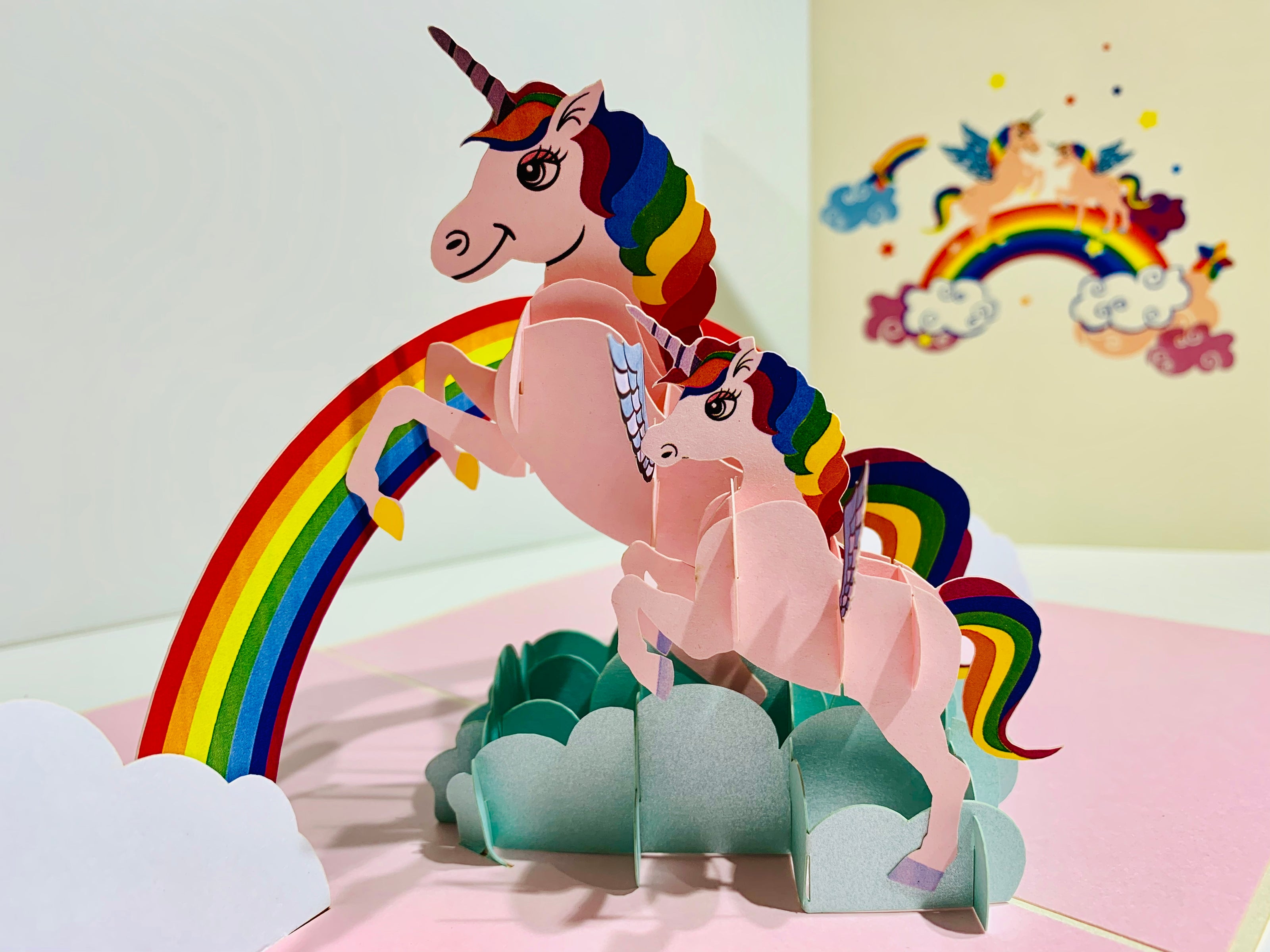Pink Mother & Baby Unicorn Dancing over the Cloud Origami Pop Cards 3D Pop Up Greeting Card Happy Birthday Thank You Handmade Gift Thinking of You Blank Card for Any Occasion Happy Mother's Day Australiana Celebrate the Beauty of Animals Perfect Gift
