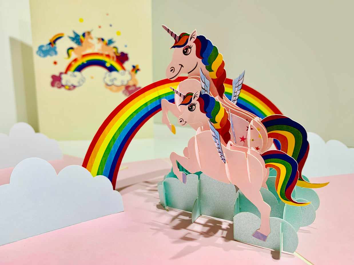 Pink Mother & Baby Unicorn Dancing over the Cloud Origami Pop Cards 3D Pop Up Greeting Card Happy Birthday Thank You Handmade Gift Thinking of You Blank Card for Any Occasion Happy Mother's Day Australiana Celebrate the Beauty of Animals Perfect Gift