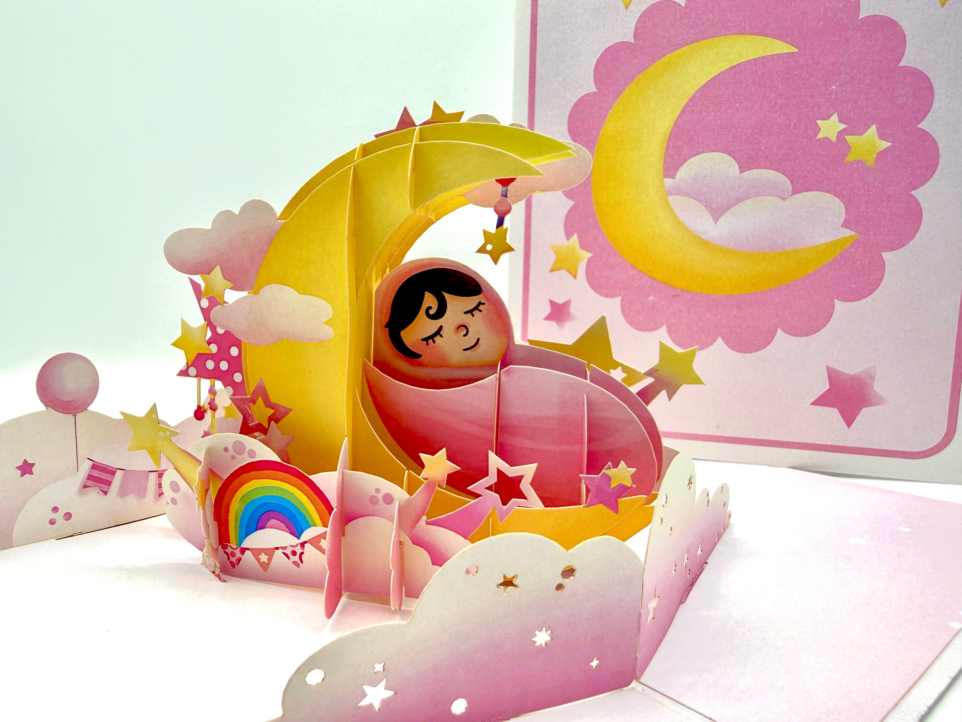 Pink Newborn Baby Girl Sleeping on A Crescent Moon Under Starry Night Sky Origami Pop Cards 3D Pop Up Greeting Card Happy Birthday Thank You Handmade Gift Thinking of You Blank Card for Any Occasion Happy Mother's Day Happy Newborn Baby