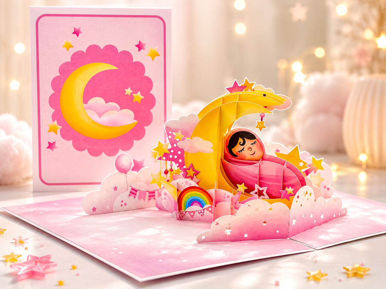 Pink Newborn Baby Girl Sleeping on A Crescent Moon Under Starry Night Sky Origami Pop Cards 3D Pop Up Greeting Card Happy Birthday Thank You Handmade Gift Thinking of You Blank Card for Any Occasion Happy Mother's Day Happy Newborn Baby